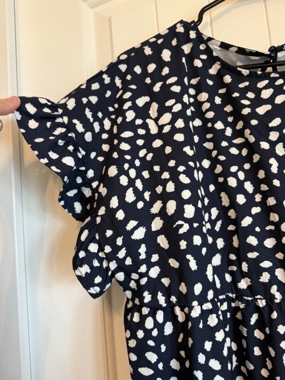 Navy tiered mini dress with a white dalmatian dot print - Picture 2 of 6